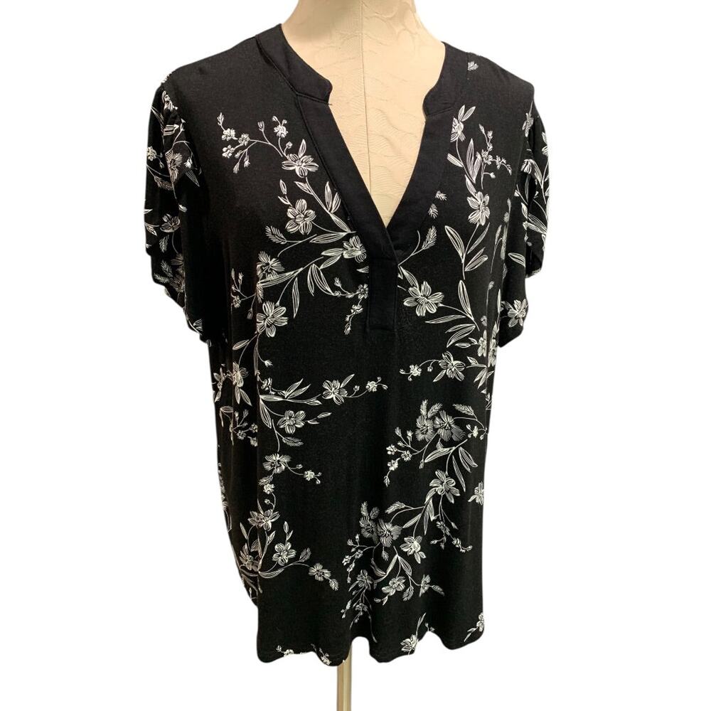 2XL Syoss Womens Soft Black Tshirt Floral Print White V-Neck